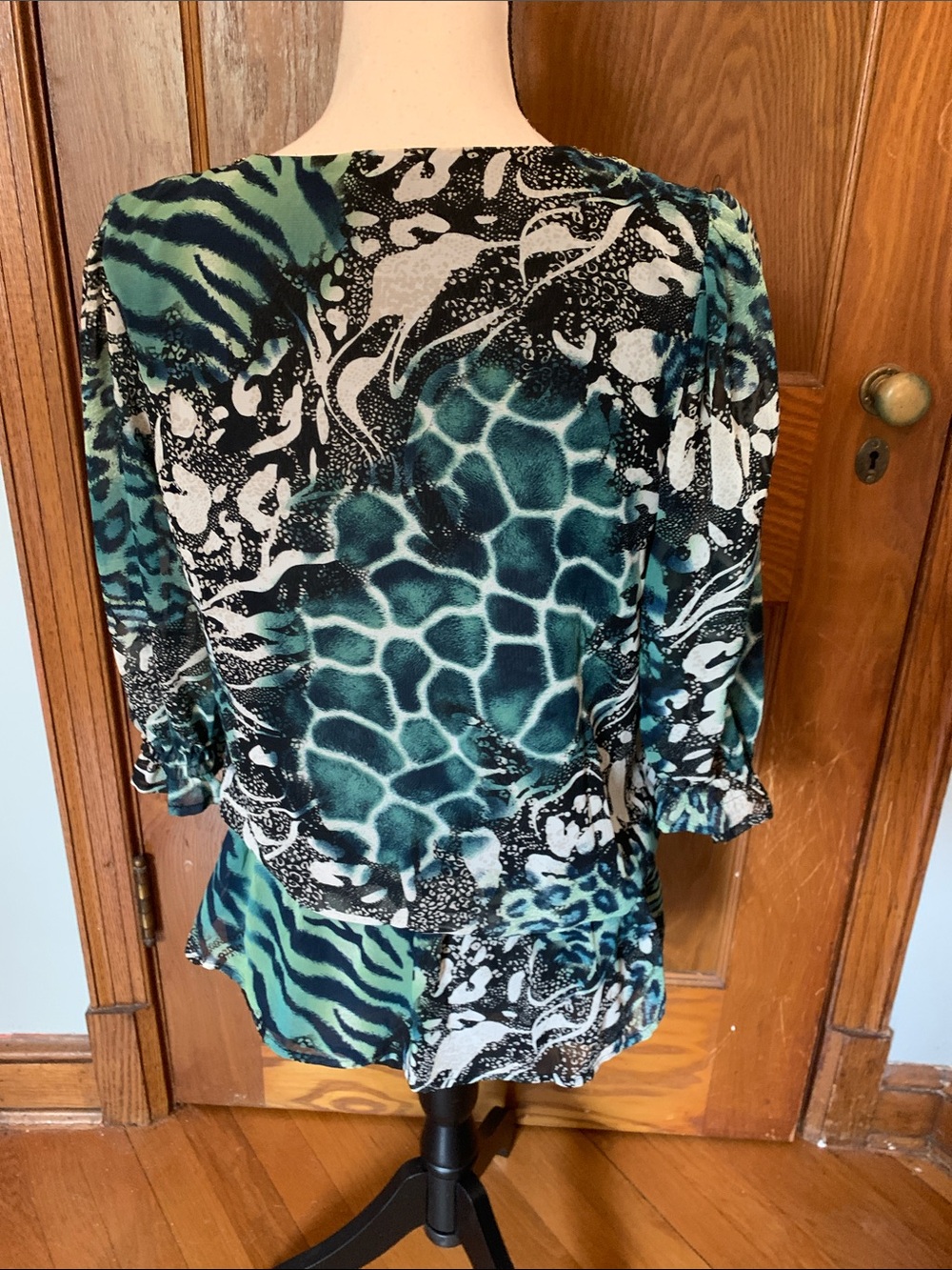 Jennie & Marlis Embellished Teal Animal-Print V-Neck Blouse - Picture 7 of 8